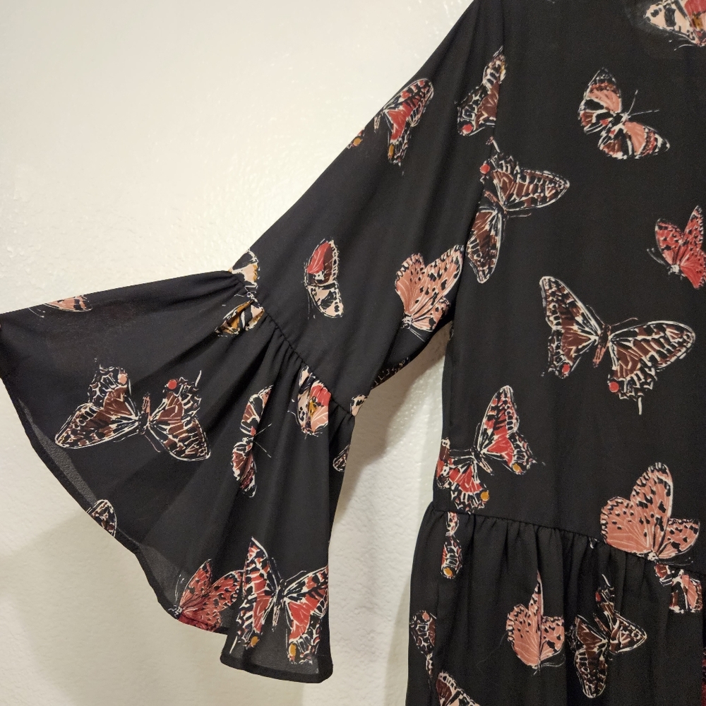 Cupio Butterfly Flutter Ruffle Peplum Top Black and Pinks Size Medium - Picture 2 of 5